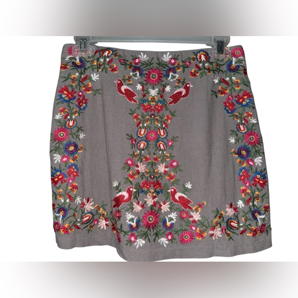 Altar’d State Embroidered Bird Floral Mini Skirt Gray Boho Linen Blend XS